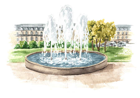 Fountain in the city square or park, Watercolor hand drawn illustration isolated on white backgroundの写真素材