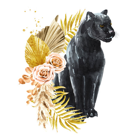 Black panther or jaguar and oriental plantsの写真素材