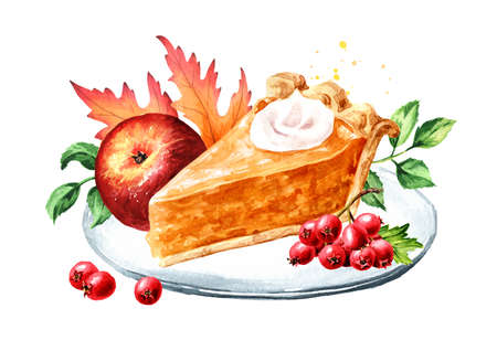 Autumn composition with apple, berries, colorful leaves and Slice or piece of american pumpkin pie, Thanksgiving Day Concept. Hand drawn watercolor illustration isolated on white backgroundの写真素材