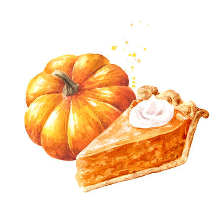 Slice or piece of american pumpkin pie and fresh ripe orange pumpkin. Hand drawn watercolor illustration isolated on white backgroundの写真素材