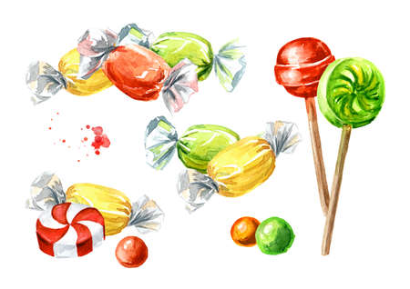 Candy lollipops set. Hand drawn watercolor illustration isolated on white backgroundの写真素材