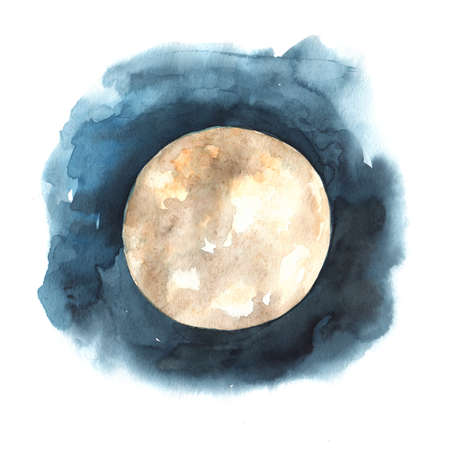 Full moon on the dark sky. Hand drawn watercolor illustration isolated on white background