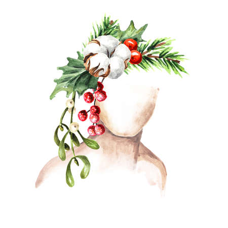 The winter girl. Woman Portrait with winter decor, Watercolor hand drawn illustration  isolated on the white backgroundの写真素材