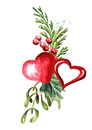 Valentines Day winter Bouquet with hearts, Greeting card concept, Watercolor hand drawn illustration isolated on white backgroundの写真素材