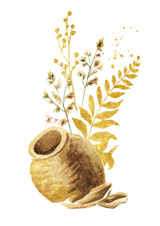 Old ceramic broken jug with Wild grasses and wildflowers, Summer rural composition, bouquet, decor concept. Hand drawn watercolor illustration isolated on white backgroundの写真素材