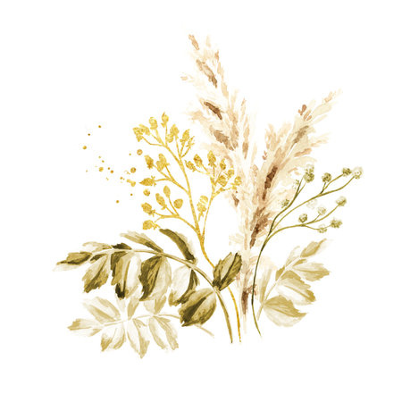 Wild grasses and wildflowers. Summer rural composition, bouquet, decor concept. Hand drawn watercolor illustration isolated on white backgroundの写真素材