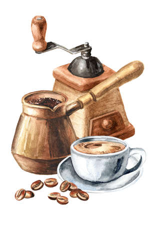 Classic Coffee Grinder, Cezve with cup of coffee. Hand drawn watercolor illustration isolated on white backgroundの写真素材