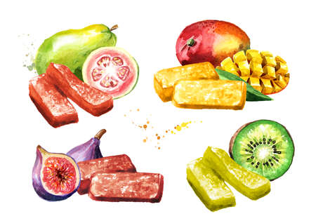 Homemade exotic fruit marmalade, jam, jelly set. Hand drawn watercolor illustration isolated on white backgroundの写真素材
