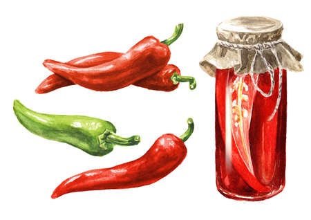 Canned Red hot chili pepper set. Hand drawn watercolor illustration, isolated on white backgroundの写真素材