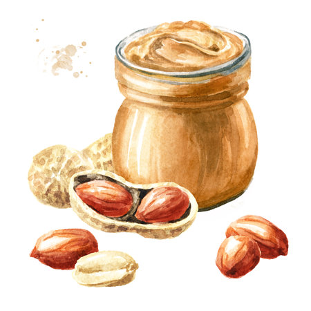 Peanut butter. Hand drawn watercolor illustration, isolated on white backgroundの写真素材