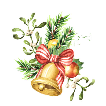 Christmas and Happy New Year festive decor for greeting card or flyer, postcard, booklet, leaflet. Hand drawn watercolor illustration isolated on white backgroundの写真素材
