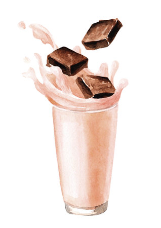Glass splash. chocolate milk, yogurt, milkshake. Hand drawn watercolor illustration isolated on white backgroundの写真素材