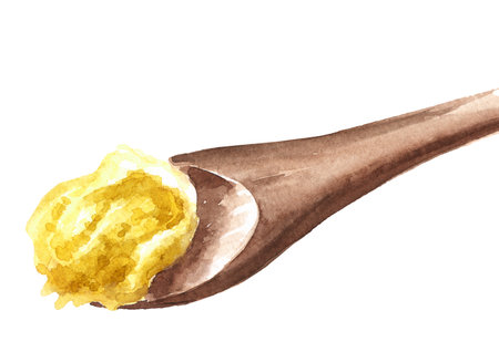 Melted butter in a wooden spoon. Hand drawn watercolor illustration isolated on white backgroundの写真素材