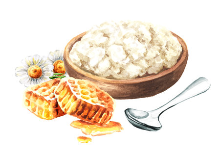 Cottage cheese in a wooden bowl, with honey, Hand drawn watercolor illustration isolated on white backgroundの写真素材