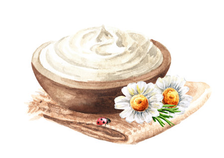 Sour cream in wooden bowl. Hand drawn watercolor illustration, isolated on white backgroundの写真素材