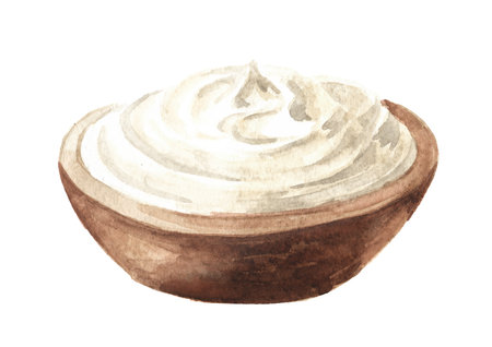 Sour cream in a wooden bowl. Hand drawn watercolor illustration isolated on white backgroundの写真素材