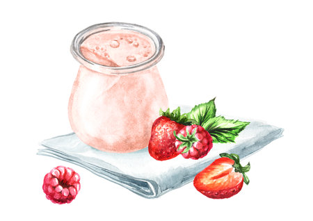 Cottage cheese with berries, rustic homemade. Hand drawn watercolor illustration isolated on white backgroundの写真素材