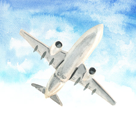 Airplane, white passenger airliner in the blue sky. Hand drawn watercolor illustration, isolated on white backgroundの写真素材