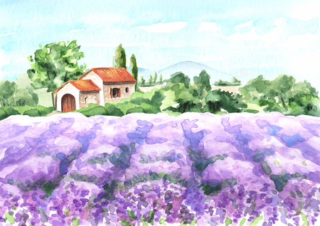 Lavender fields, Provence summer landscape. Welcome to France card concept. Hand drawn watercolor backgroundの写真素材