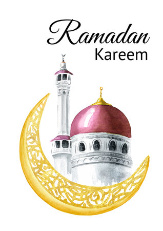 Islamic decoration card with arabic mosque, crescent moon, ramadan kareem concept, muharram. Hand drawn watercolor illustration, isolated on white backgroundの写真素材