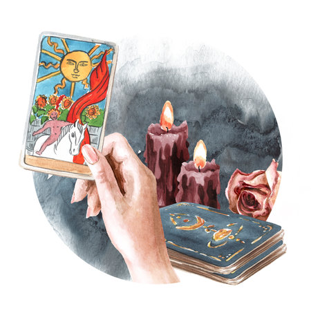 Tarot reader or fortune teller cards concept. Hand drawn watercolor illustration isolated on white backgroundの写真素材