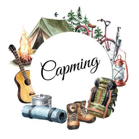 Tent, backpack, folding chairs, hiking boots. Camping concept, Hand drawn watercolor illustration isolated on white backgroundの写真素材