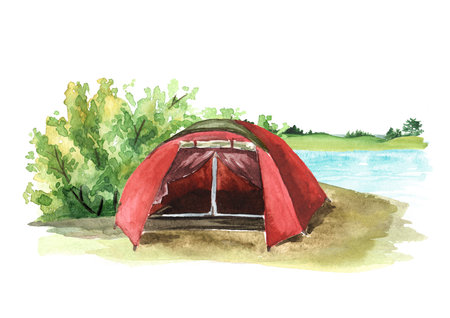Hiking Tent on the river bank. Camping concept Hand drawn watercolor illustration isolated on white backgroundの写真素材