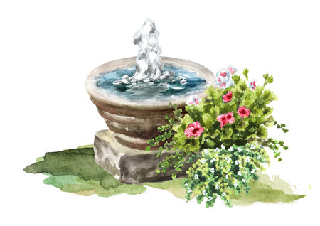 Garden decorative fountain. small architectural form. landscape design element. Hand drawn watercolor illustration isolated on white backgroundの写真素材