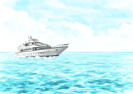 Sea boat, yacht on the waves and blue sky, Hand drawn watercolor illustration isolated on white backgroundの写真素材