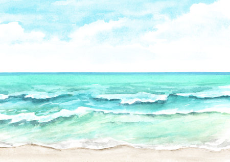 Seascape.Tropical beach with sea, sand and blue sky, summer vacation concept and background. hand drawn watercolor illustrationの写真素材