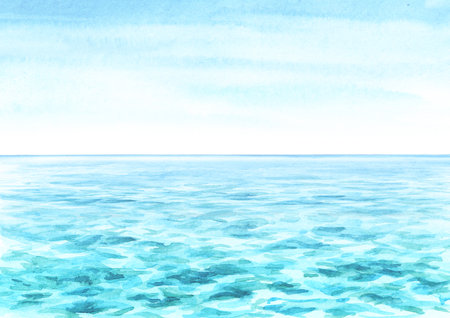 Seascape.Tropical beach with sea and blue sky, summer vacation concept and background. hand drawn watercolor illustrationの写真素材