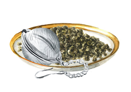 Gunpowder tea brew and Tea Brewing sieve. Hand drawn watercolor illustration, isolated on white backgroundの写真素材