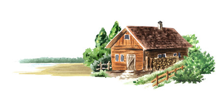 Cozy country house near the river. Hand drawn watercolor illustration, isolated on white backgroundの写真素材