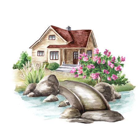 Cozy country cottage in the garden on the river bank. Hand drawn watercolor illustration, isolated on white backgroundの写真素材