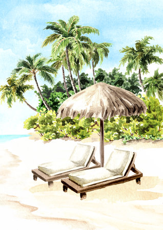 Tropical summer palm beach with chairs and sun umbrella. Sea, sand and blue sky, summer vacation concept. hand drawn watercolor illustrationの写真素材
