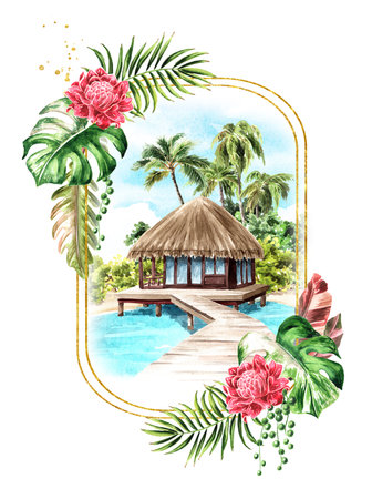 Tropical Summer vacation concept, Hand drawn watercolor illustration isolated on white backgroundの写真素材