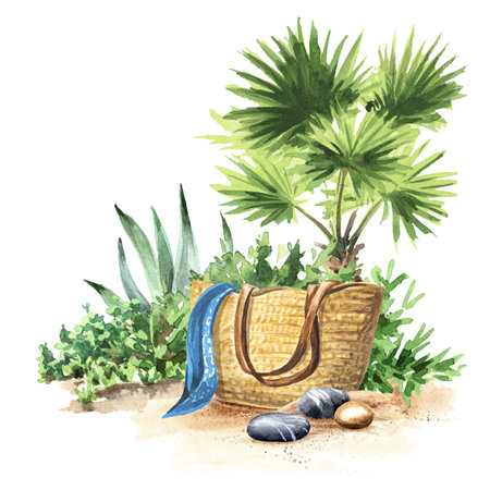Wicker beach bag with on rhe sand on the background of the tropical plants, Hand drawn watercolor illustration isolated on white backgroundの写真素材