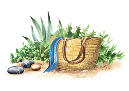Wicker beach bag with on rhe sand on the background of the tropical plants, Hand drawn watercolor illustration isolated on white backgroundの写真素材