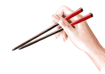 Hand Holding Wooden Chopsticks. Hand drawn watercolor illustration isolated on white backgroundの写真素材