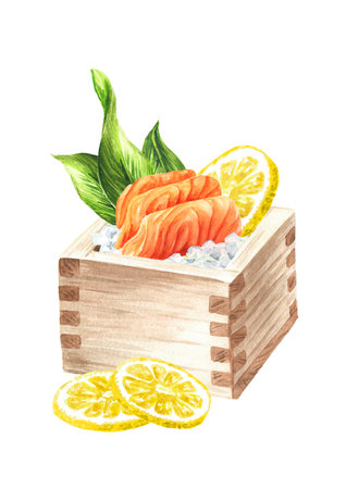 Japanese Salmon Sashimi In A Wooden Box Masu, Hand drawn watercolor illustration isolated on white backgroundの写真素材