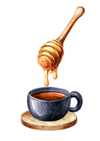 Cup of tea with honey. Hand drawn watercolor illustration, isolated on white backgroundの写真素材