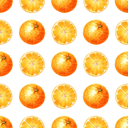 Fresh sweet Orange fruit seamless pattern. Hand drawn watercolor illustration isolated on white backgroundの写真素材