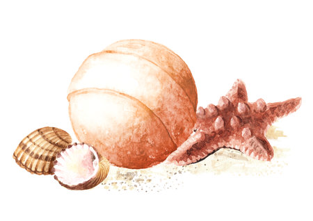 Bath bomb, SPA concept. Hand drawn watercolor illustration isolated on white backgroundの写真素材