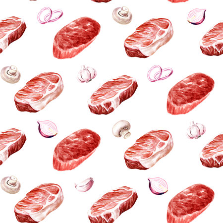 Fresh raw beef steak seamless pattern. Cooking food concepts. Hand drawn watercolor illustration isolated on white backgroundの写真素材