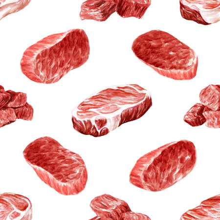 Fresh raw beef steak seamless pattern. Cooking food concept. Hand drawn watercolor illustration isolated on white backgroundの写真素材