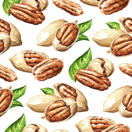 Pecan nuts backdrop, seamless pattern. Hand drawn watercolor illustration, isolated on white backgroundの写真素材