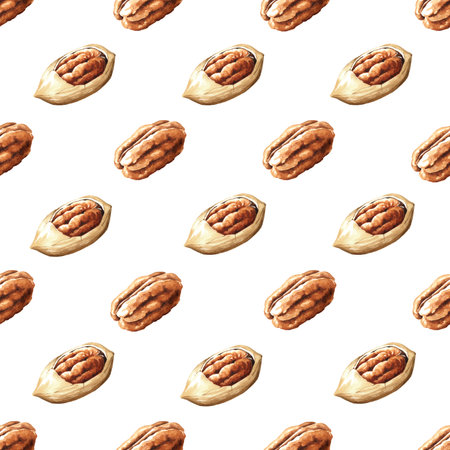 Pecan nuts backdrop, seamless pattern, Hand drawn watercolor illustration, isolated on white backgroundの写真素材