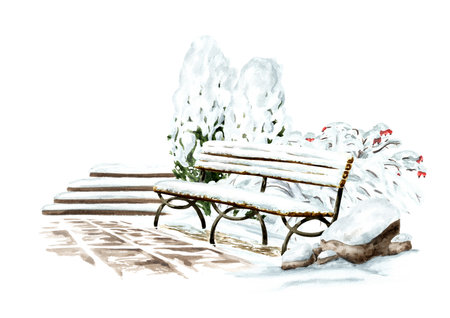 Bench under the snow in the public winter park. Hand drawn watercolor illustration isolated on white backgroundの写真素材