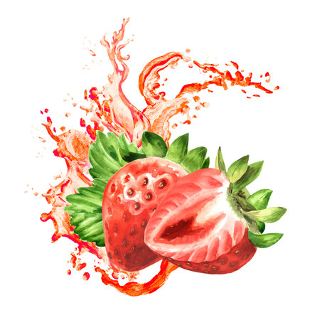 Splash of strawberry juice and ripe juicy berries. Hand drawn watercolor illustration isolated on white backgroundの写真素材