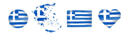 Greece Flag set. Hand drawn watercolor illustration, isolated on white backgroundの写真素材